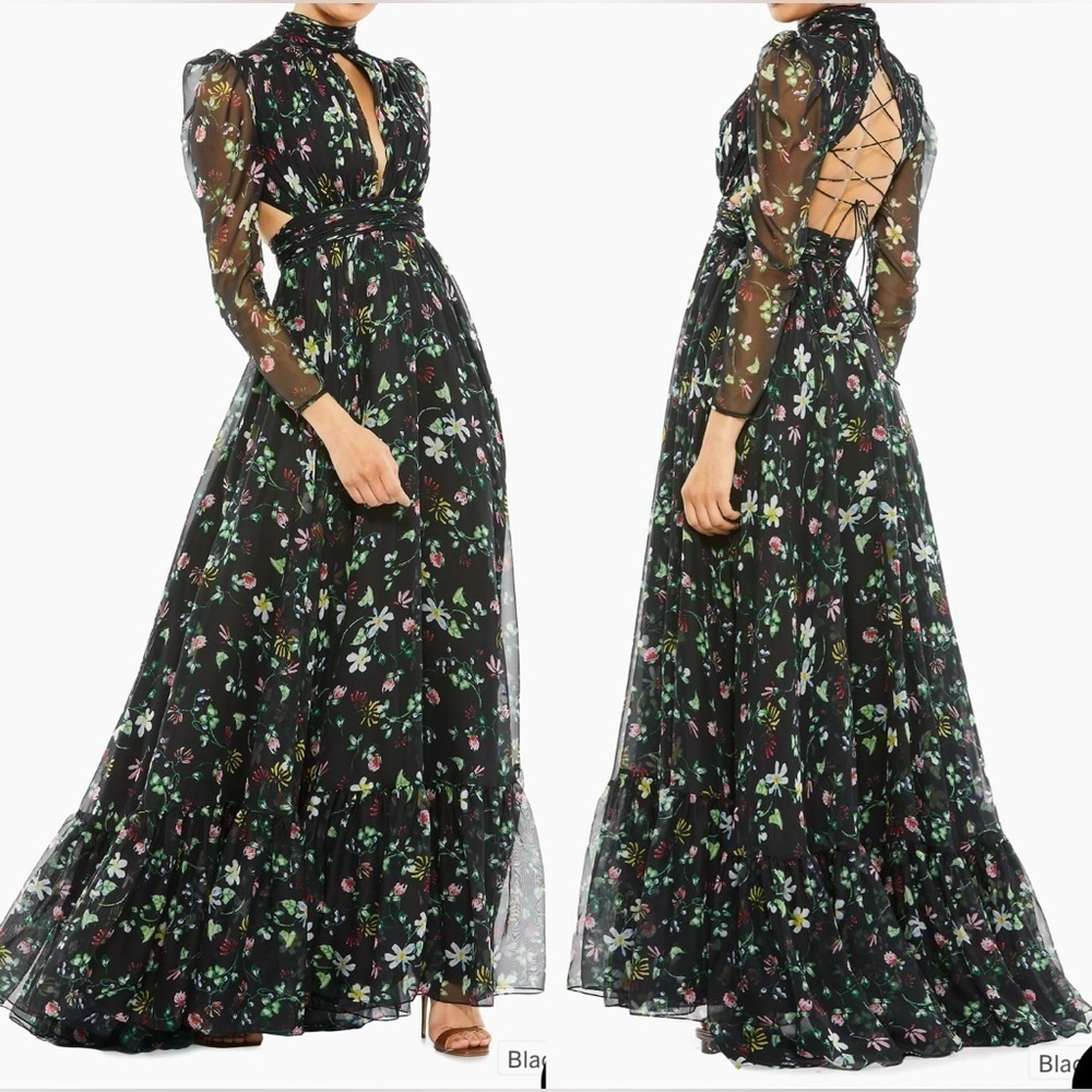 Mac Duggal Black Floral Maxi Gown with Lace-Up Back